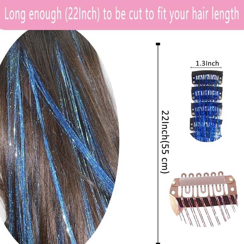 EROADE Hair Tinsel 12 Pcs Clip in Hair Tinsel Kit for Girls 22 Inch Glitter Fairy Tinsel Hair Extensions Colorful Heat Resistant Party Festival Accessories for Women Kids (Sapphire Blue) - Image 3